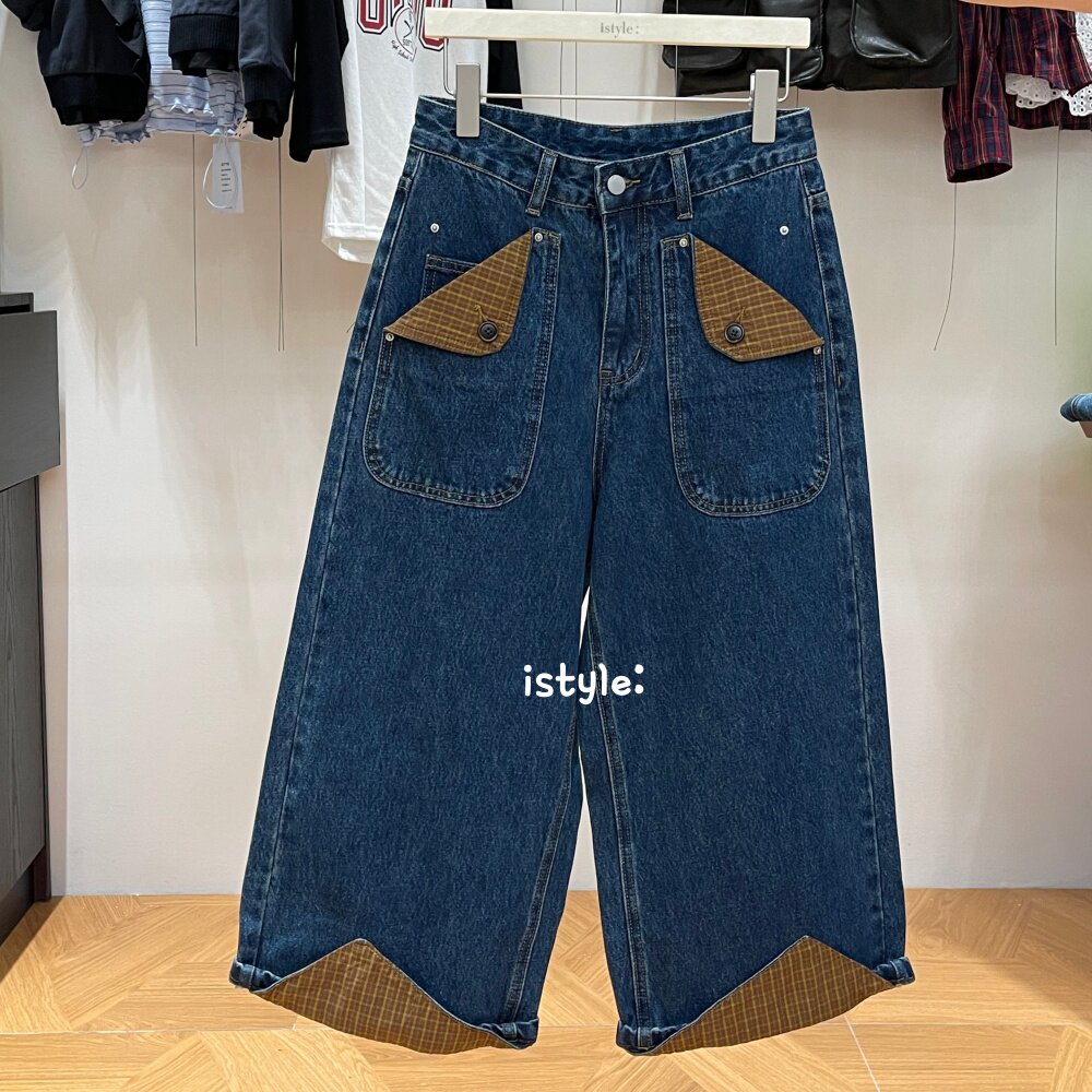 韩国istyle秋季撞色格纹口袋水洗牛仔阔腿裤女宽松显瘦直筒八分裤