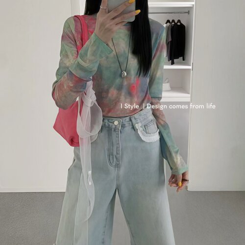 2025春夏韩版istyle新款长袖圆领冰丝网纱防晒衫时尚扎染薄款T恤