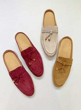 2025早春新款包头拖鞋女羊皮真皮一脚蹬外穿厚底平底休闲乐福鞋