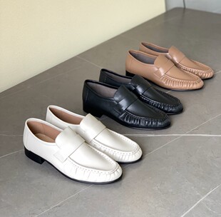 复古新款 2024年新款 洋气单鞋 乐福鞋 脚蹬拼接尖头低跟 真皮褶皱皮鞋