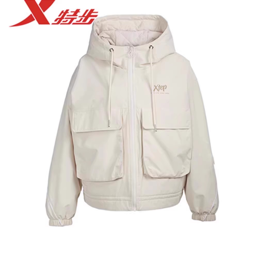 特步运动棉衣女2023冬季新款连帽保暖外套时尚款舒适977428170225