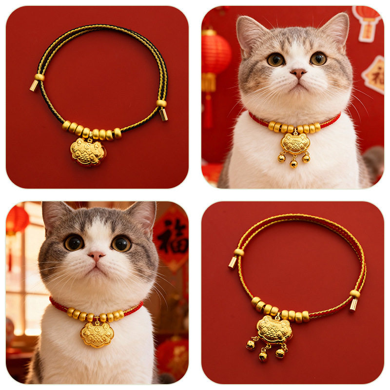 宠物新年保色长命锁项圈春节猫咪狗狗金色项链红色装饰品长命百岁