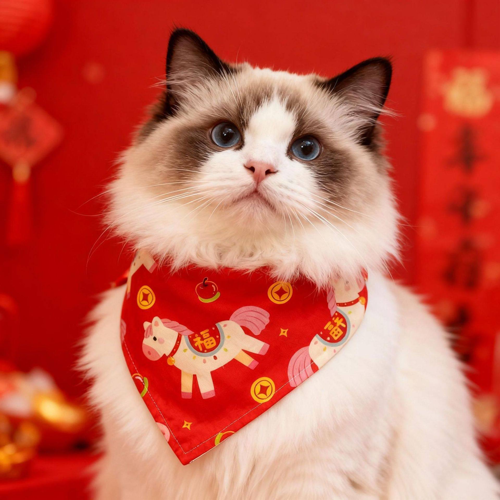 宠物新年项圈2026马年三角巾口水巾春节猫咪狗项链红色装饰品无声