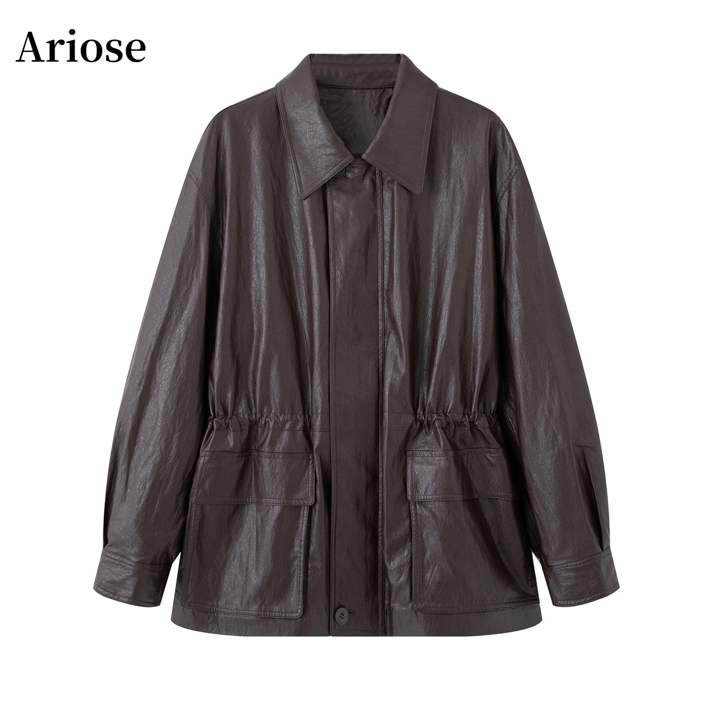 Ariose艾诺丝雅诗官方正品2025秋翻领收腰显瘦PU皮衣外套AR103029