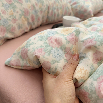 汪小姐A类全棉双层纱床单被套单件100纯棉被罩床笠床上用品奶油风