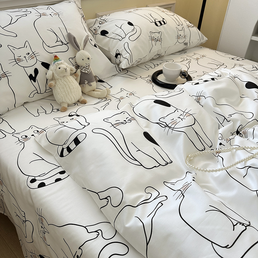 手绘猫咪纯棉床单单件被套双人全棉单人被罩床笠枕套学生宿舍被单