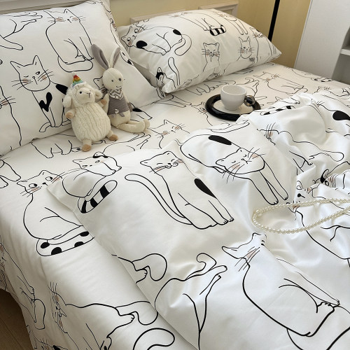 手绘猫咪纯棉床单单件被套双人全棉单人被罩床笠枕套学生宿舍被单