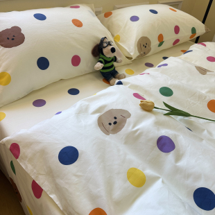 波点熊纯棉床单被套单件可爱三件套全棉被单学生宿舍可配三四件套