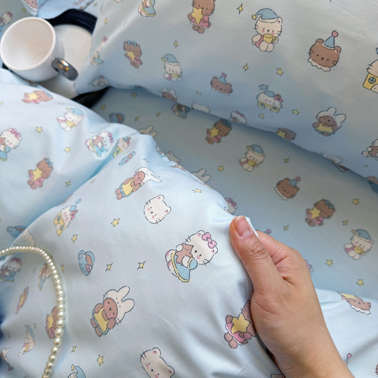 治愈系浅蓝萌猫全棉床单单件纯棉被套可搭三四件套学生宿舍可定制