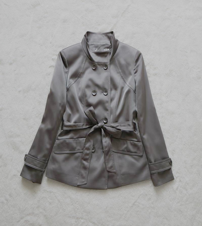 专柜品牌春秋女装微亮银灰色常规立领口袋双排扣修身通勤上衣外套