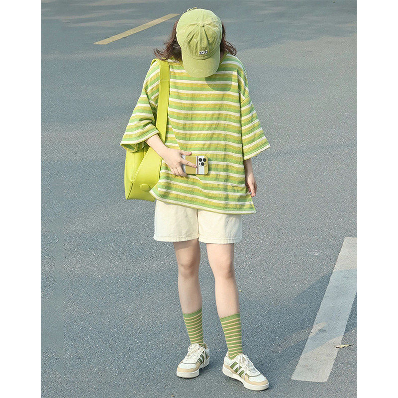条纹短袖运动套装女夏季短裤学生宽松显瘦韩版减龄时尚休闲两件套