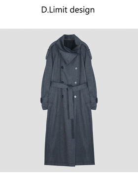 羊毛混纺设计感英伦风双排扣长款系带风衣DLOB296J