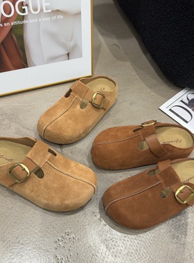 796-21乐乐家秋冬季新品女真皮内增高一字带魔术贴包头勃肯拖鞋潮