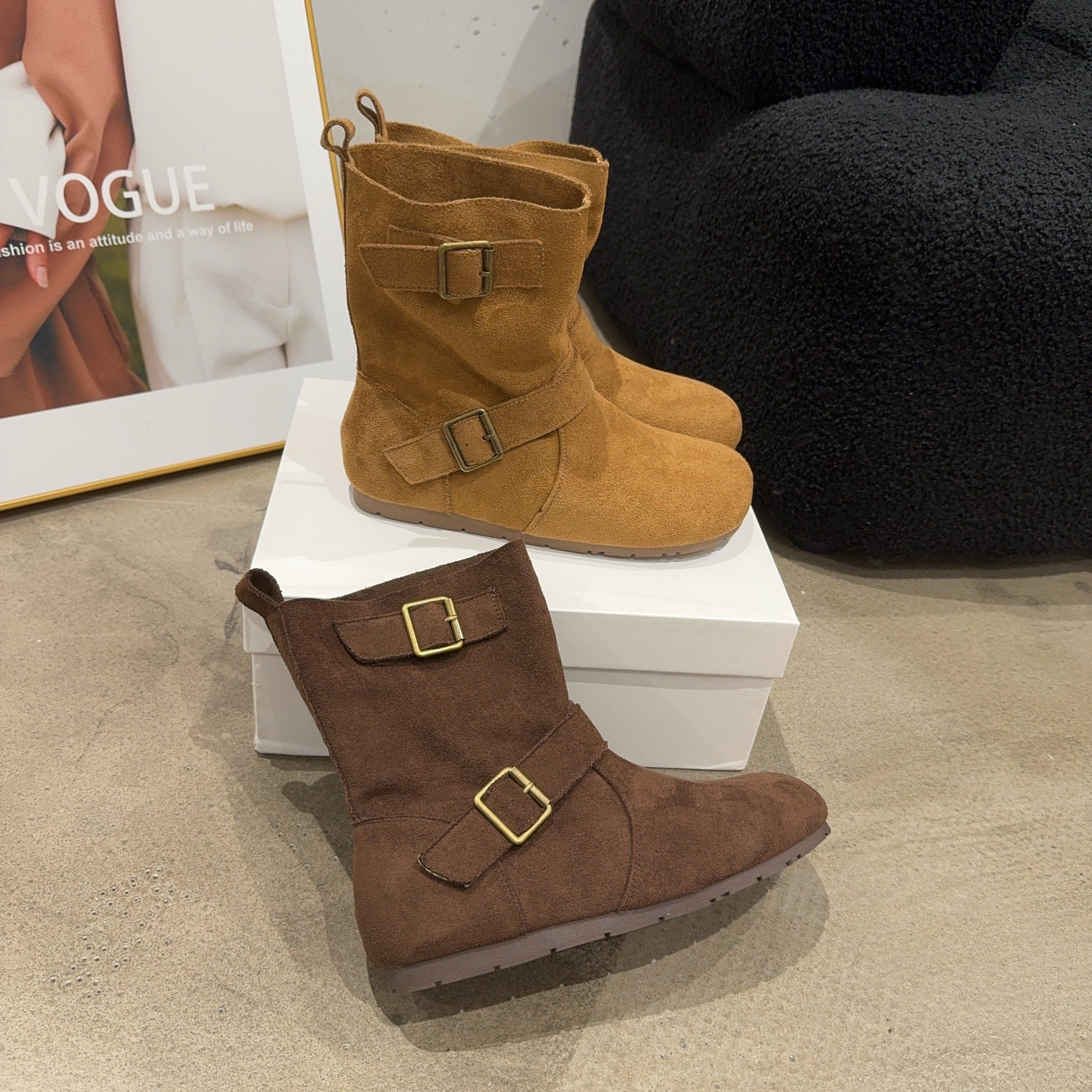 779-83乐乐家秋季新品女绒面圆头平底西部短靴一脚蹬软底瘦瘦靴潮,女鞋,西部靴,淘宝优惠券,粉丝福利购,淘宝优惠卷