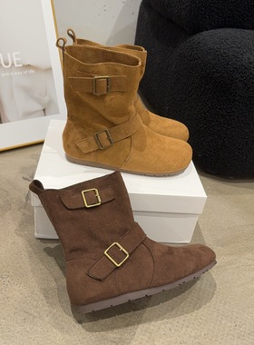 779-83乐乐家秋季新品女绒面圆头平底西部短靴一脚蹬软底瘦瘦靴潮