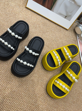 1065-1夏季新品女厚底一字带珍珠拖鞋时尚增高韩版网红同款拖7cm