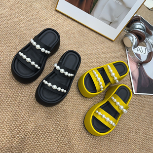 女厚底一字带珍珠拖鞋 新品 时尚 增高韩版 拖7cm 1065 网红同款 1夏季