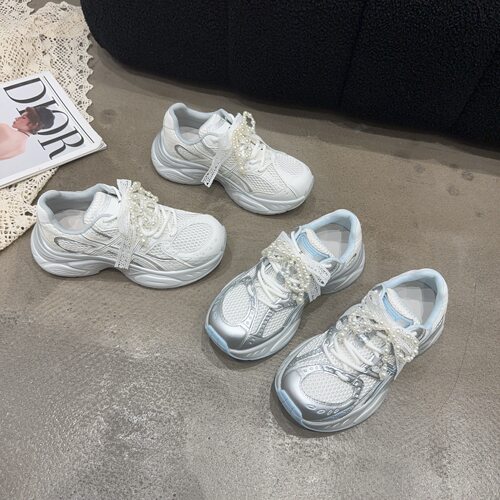 62-1春夏季新品女真皮拼接网面系带老爹鞋增高轻盈透气舒适百搭潮