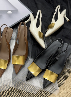 199-3高跟凉鞋女春夏款金属扣一脚蹬尖头后空细跟单鞋跟高7cm气质