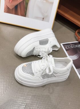 03-30春夏季新品女真皮拼接网面圆头小白鞋轻盈舒适韩版休闲鞋6cm
