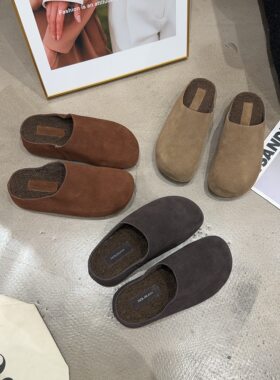 532-7乐乐家冬季新品女真皮真毛包头勃肯半拖内增高4cm简约网红款