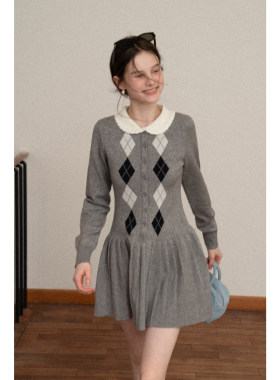 EGGKA学院风高智感菱格长袖修身百褶连衣裙春季娃娃领显瘦a字短裙