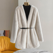 水貂绒皮草外套V领时尚 海宁冬季 进口紫标貂皮大衣女中长款 大衣