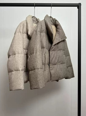 简约气质通勤羊毛精纺白鹅绒羽绒服女短款高端保暖时尚双排扣外套