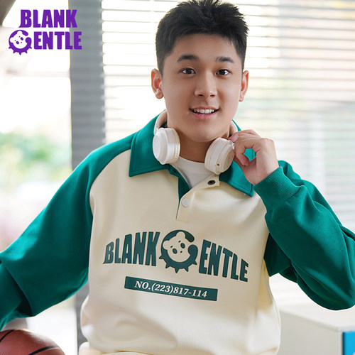 BlankGentle24秋冬孔雀绿翻领插肩袖卫衣大码男生透气休闲宽松