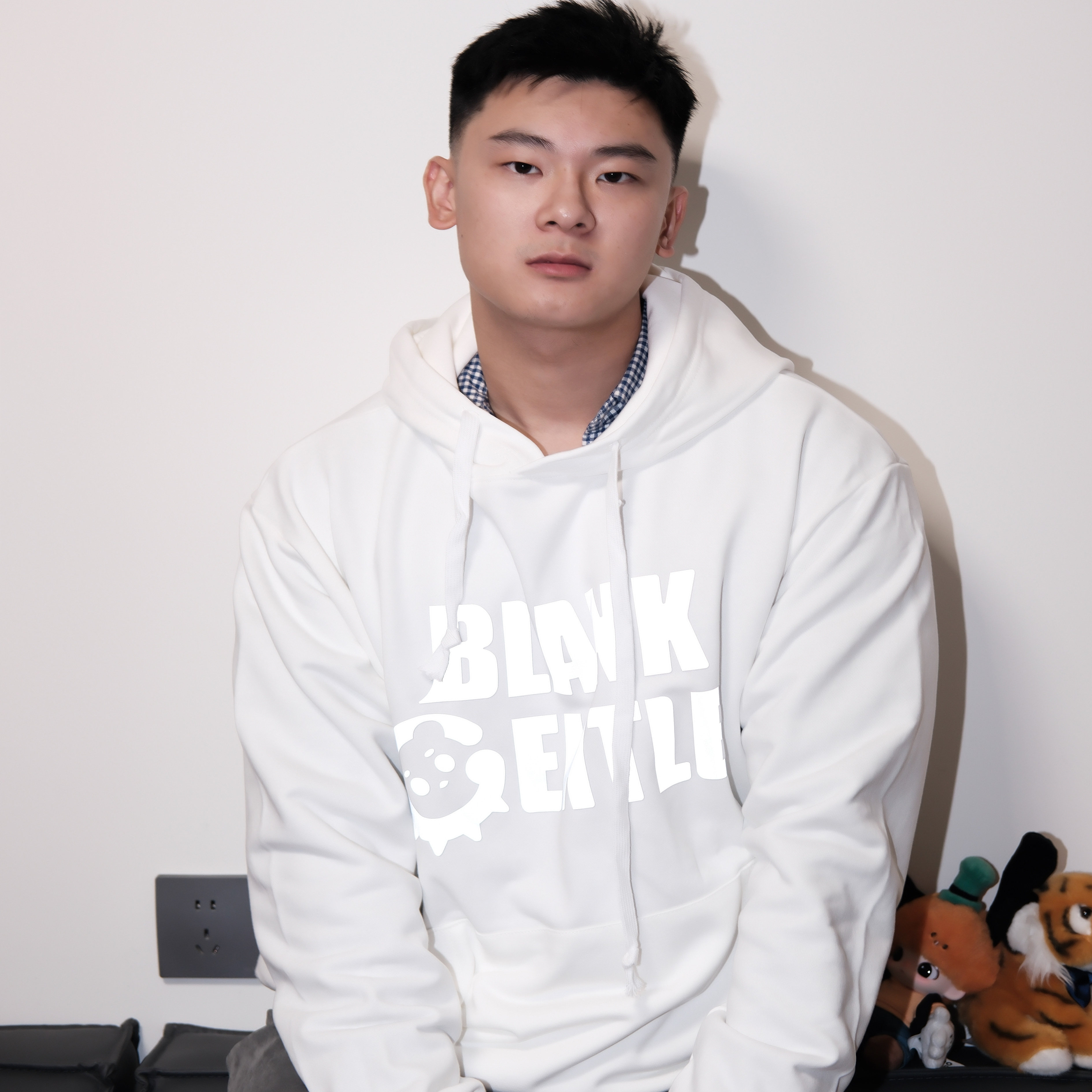 BlankGentle原创反光印花连帽宽松棉质卫衣男生380g白色灰蓝经典