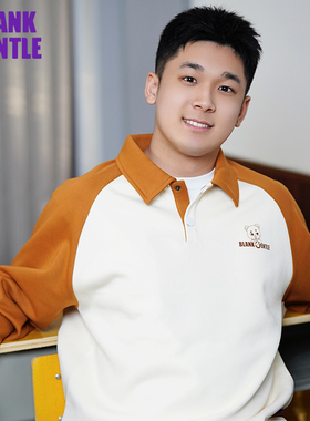 BlankGentle经典卡其色翻领插肩袖卫衣大码男生美式polo长袖呆呆