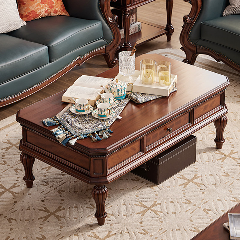 美式新古典全实木简约复古长茶几别墅客厅咖啡桌台别墅家具1.35米