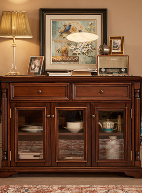 美式新古典金丝柚木全实木餐边柜1.42米餐厅家具储物柜酒水柜碗柜