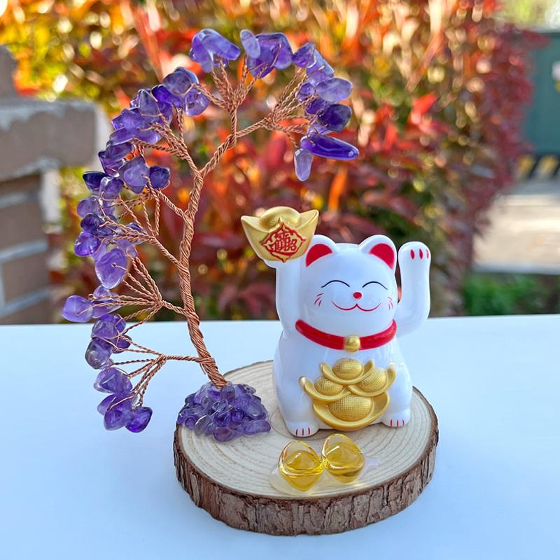 天然水晶发财树太阳能摇手招财猫摆件自动招手店铺开业电脑桌摆件