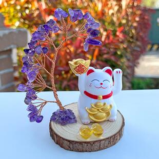 天然水晶发财树太阳能摇手招财猫摆件自动招手店铺开业电脑桌摆件