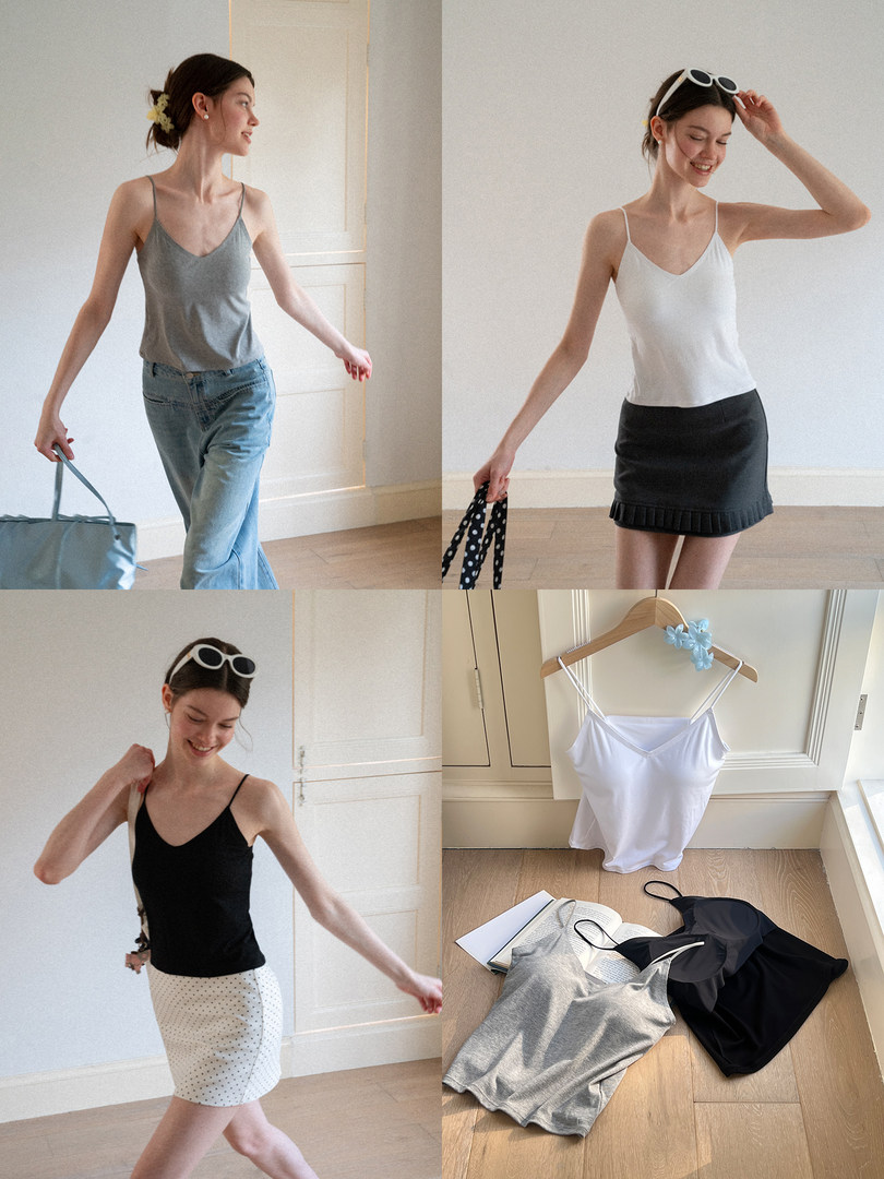 Collage showing women’s spaghetti-strap camisole tops worn on models and laid flat in multiple colors