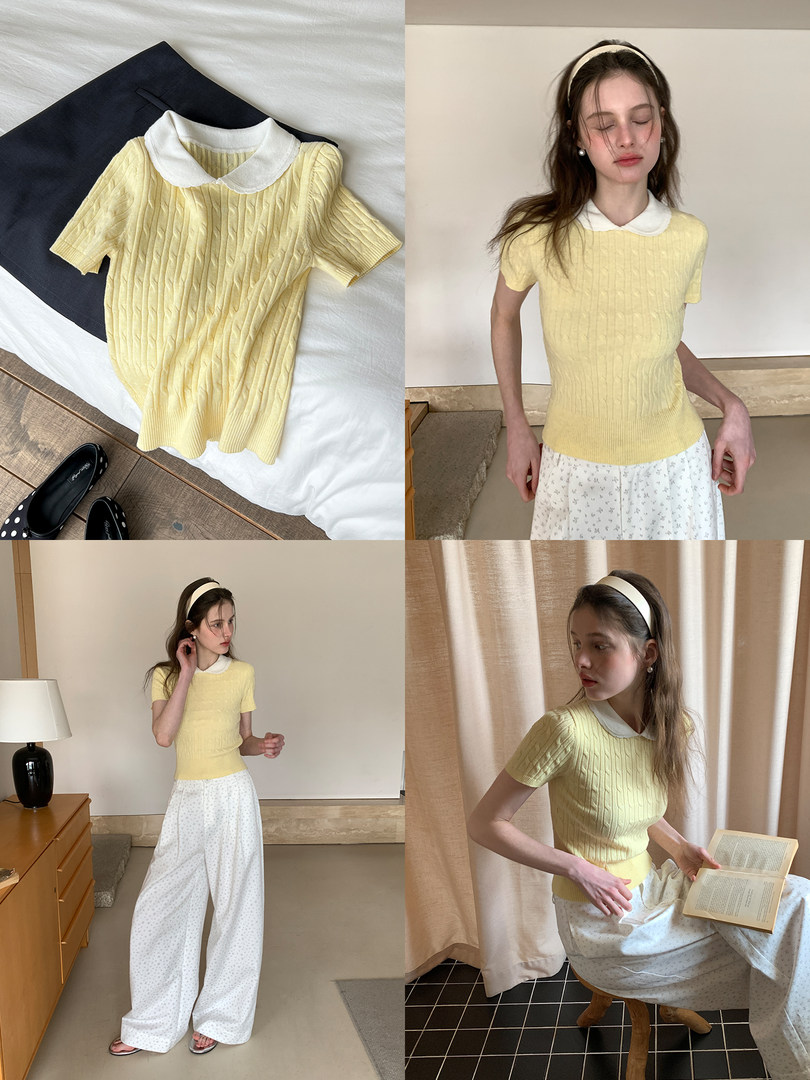 Yellow short-sleeve knit top with a white Peter Pan collar shown flat and worn on a model