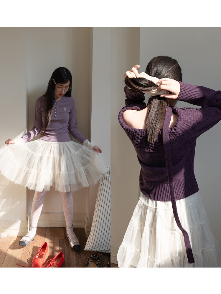 Purple knit top with white tulle skirt worn by model, shown from front and back