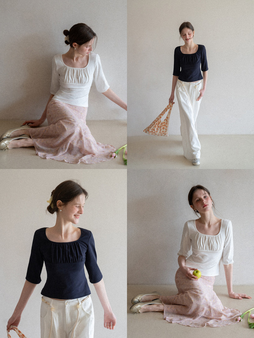 Collage of a woman modeling white and navy square-neck tops with flowy skirts and pants
