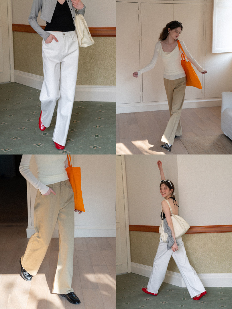 Collage of a woman modeling wide-leg pants in several outfits