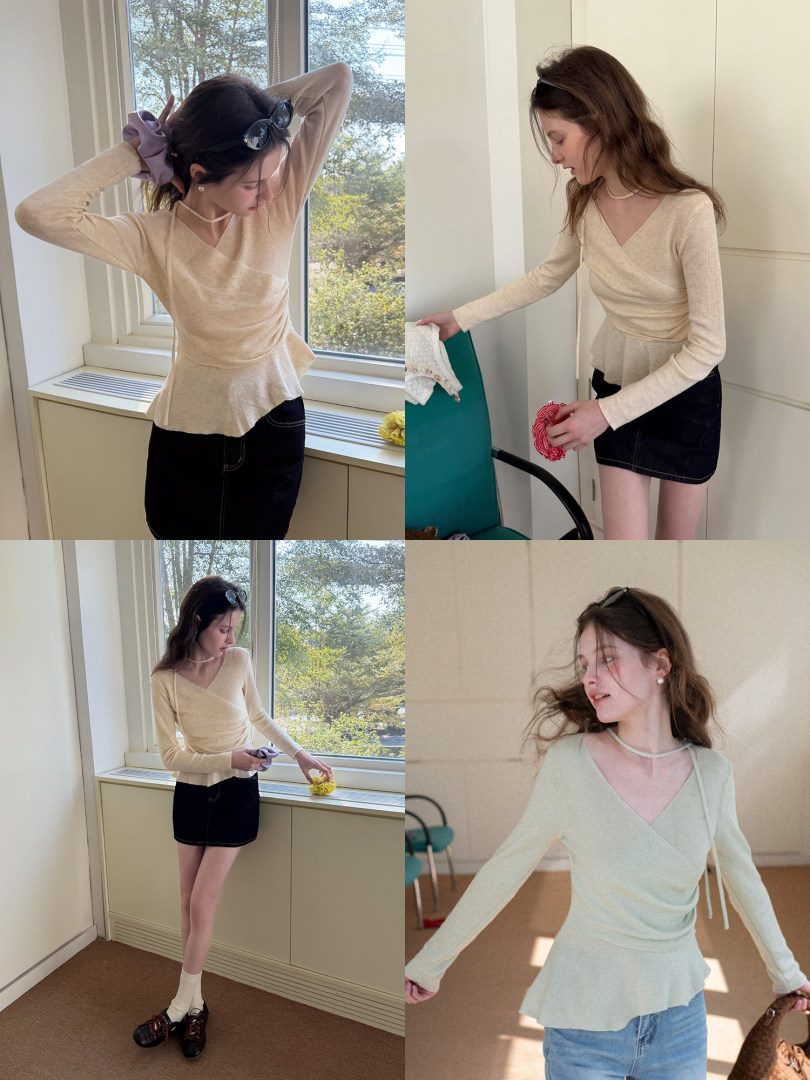 Model wearing a light beige long-sleeve wrap top in multiple poses
