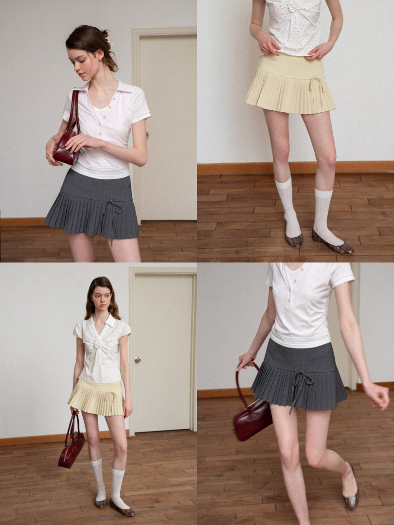 Model wearing pleated mini skirts with fitted tops in a fashion lookbook collage