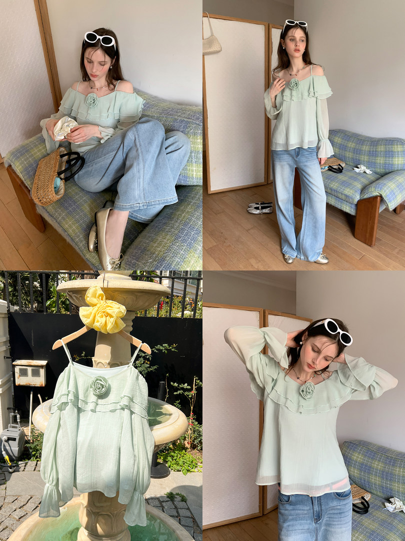 Mint green off-shoulder ruffled blouse worn by a model and shown on a hanger