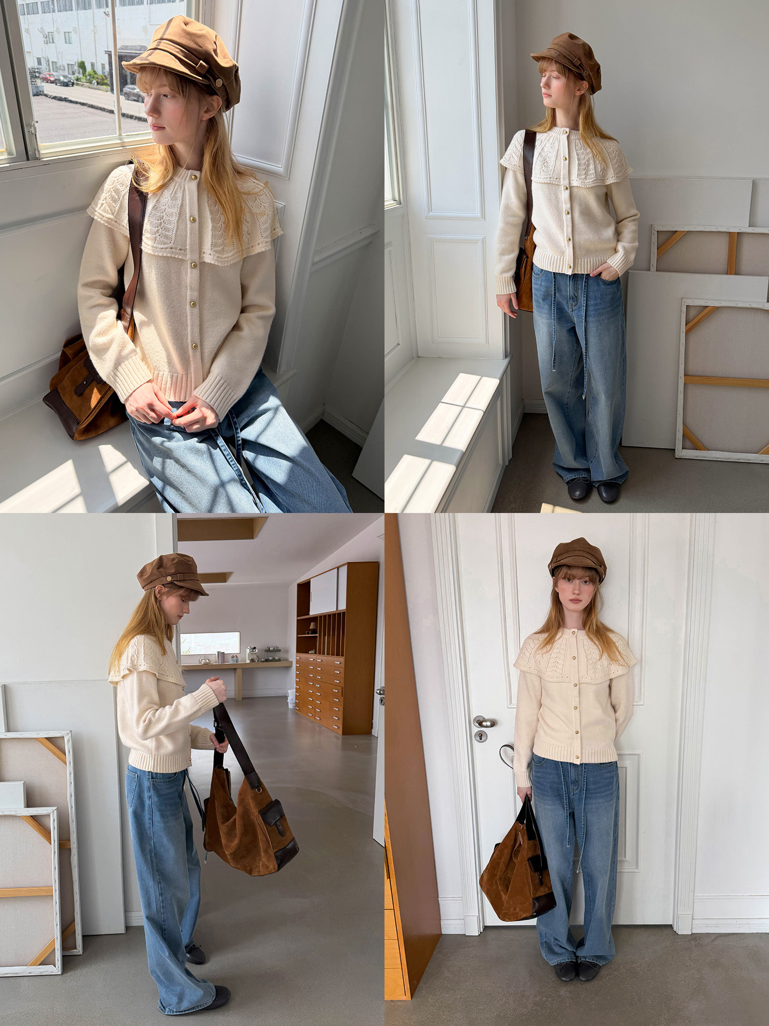 EGGKA フェイクツーピースケープショールセーター、女性用秋用ラウンドネックデザイン、ニッチ、甘くて優しいトップス