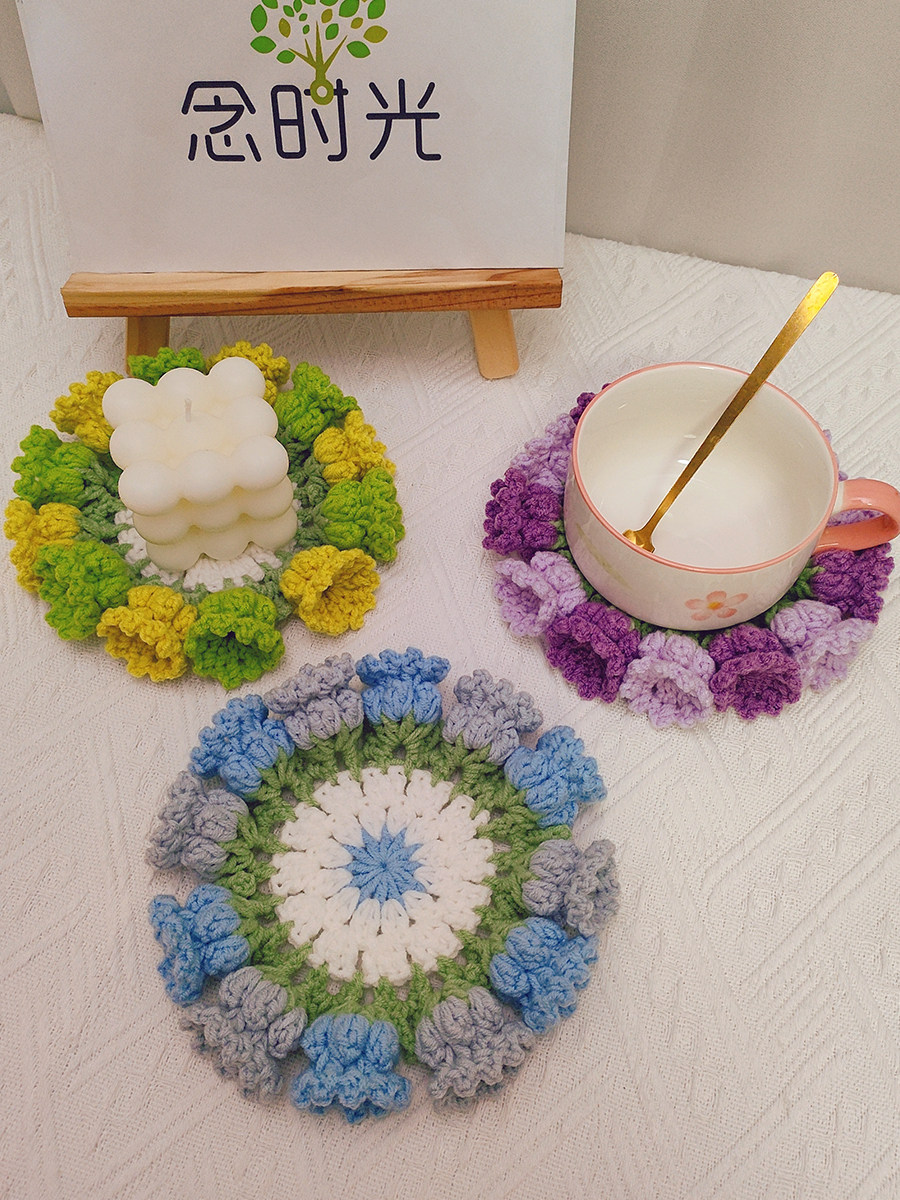 DIY HAND-WOVEN LILY OF THE VALLEY FLOWER WATER COASTER HEAT INSULATION PAD WIND CHIME SMALL FLOWER WOOL CROCHET MATERIAL BAG GIRLFRIEND GIFT