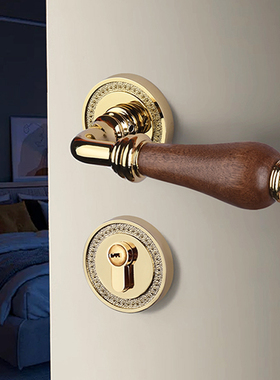 金色木纹门锁室内卧室房间门把手黑胡桃木中古静音胡桃木把磁吸锁