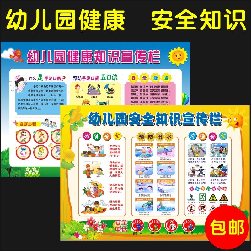 幼儿园健康安全知识教育宣传栏手足口病预防溺水消防交通安全墙贴
