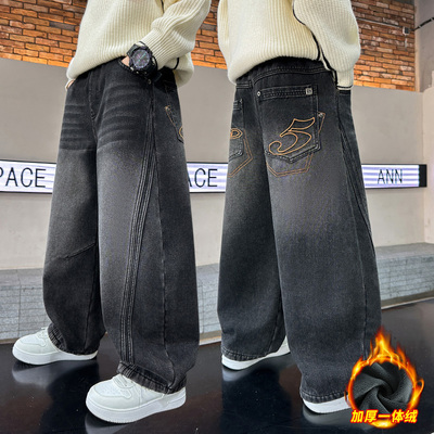 男童加绒加厚牛仔裤一体弯刀裤子