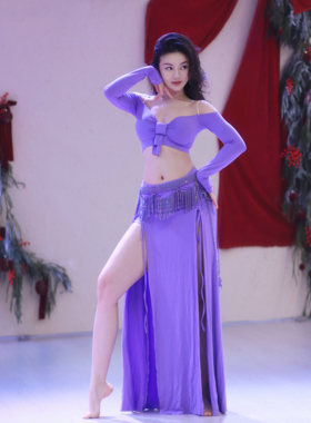 露西舞衣肚皮舞紫色蝴蝶结抽绳鱼尾裙肚皮舞舞衣自带胸垫打底裤