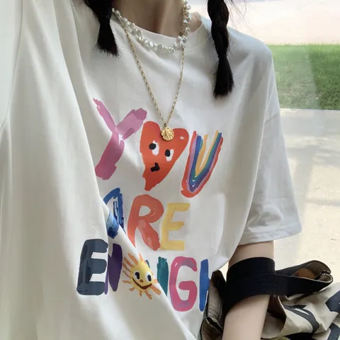 涂鸦小众韩版潮白色T恤纯棉印花英文宽松220G百搭短袖女半袖设计